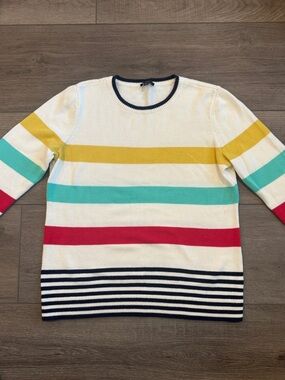 Talbots White Crewneck Sweater with Yellow, Teal, Red & Navy Accents 2039